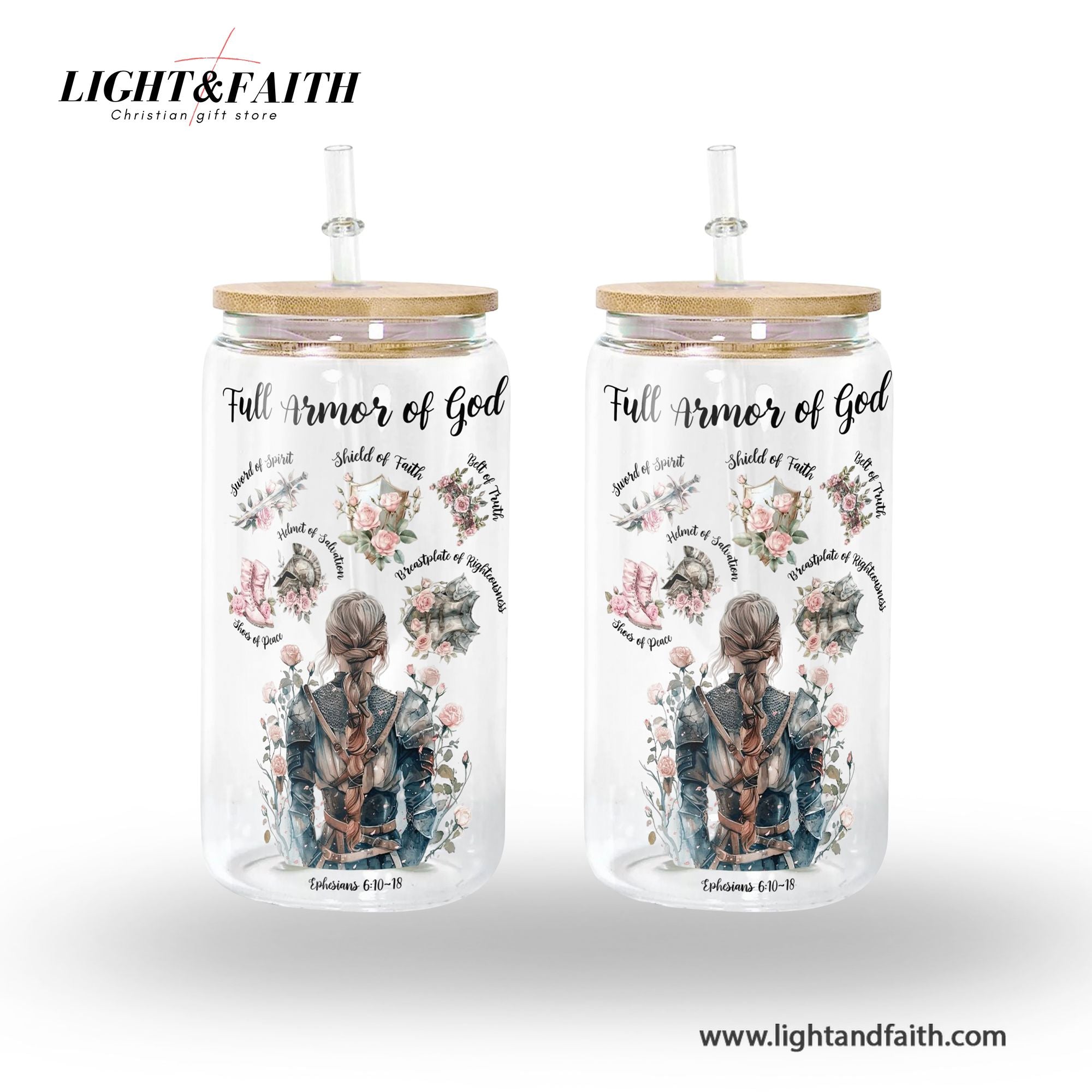 Christian Glass Can with Bamboo Lid and Straw, Full Armor of God Bible Verse Cup, Ephesians 6 Scripture Iced Coffee Tumbler Gift GCLAF41